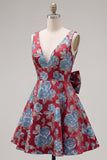 A-lijn rode V-hals Jacquard bloemen homecoming jurk met strik
