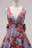 A-lijn rode V-hals Jacquard bloemen homecoming jurk met strik