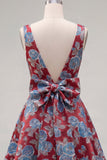 A-lijn rode V-hals Jacquard bloemen homecoming jurk met strik