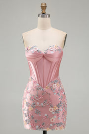 Sweetheart roze korset Bodycon bloemen homecoming jurk met applicaties