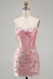 Sweetheart roze korset Bodycon bloemen homecoming jurk met applicaties
