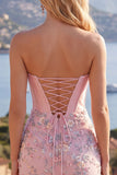Sweetheart roze korset Bodycon bloemen homecoming jurk met applicaties