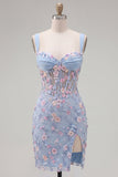 Blauw doorschijnend korset Bodycon Bloemen Gerimpelde Homecoming Jurk met Split
