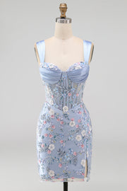 Blauw doorschijnend korset Bodycon Bloemen Gerimpelde Homecoming Jurk met Split