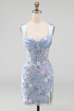 Blauw doorschijnend korset Bodycon Bloemen Gerimpelde Homecoming Jurk met Split