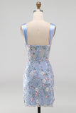 Blauw doorschijnend korset Bodycon Bloemen Gerimpelde Homecoming Jurk met Split