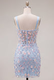Blauw doorschijnend korset Bodycon Bloemen Gerimpelde Homecoming Jurk met Split