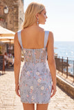 Blauw doorschijnend korset Bodycon Bloemen Gerimpelde Homecoming Jurk met Split