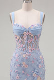 Blauw doorschijnend korset Bodycon Bloemen Gerimpelde Homecoming Jurk met Split
