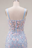 Blauw doorschijnend korset Bodycon Bloemen Gerimpelde Homecoming Jurk met Split