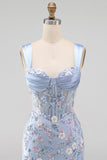 Blauw doorschijnend korset Bodycon Bloemen Gerimpelde Homecoming Jurk met Split