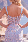Blauw doorschijnend korset Bodycon Bloemen Gerimpelde Homecoming Jurk met Split