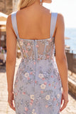 Blauw doorschijnend korset Bodycon Bloemen Gerimpelde Homecoming Jurk met Split