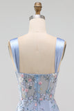 Blauw doorschijnend korset Bodycon Bloemen Gerimpelde Homecoming Jurk met Split
