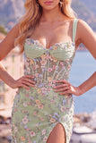 Blauw doorschijnend korset Bodycon Bloemen Gerimpelde Homecoming Jurk met Split