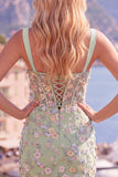 Blauw doorschijnend korset Bodycon Bloemen Gerimpelde Homecoming Jurk met Split