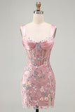 Blauw doorschijnend korset Bodycon Bloemen Gerimpelde Homecoming Jurk met Split