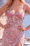 Blauw doorschijnend korset Bodycon Bloemen Gerimpelde Homecoming Jurk met Split