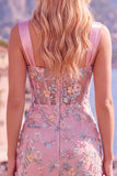 Blauw doorschijnend korset Bodycon Bloemen Gerimpelde Homecoming Jurk met Split