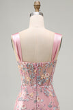 Blauw doorschijnend korset Bodycon Bloemen Gerimpelde Homecoming Jurk met Split