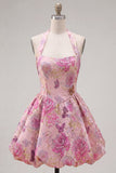 Fuchsia A-lijn halter halshals Jacquard bloemen Homecoming Dress