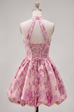 Fuchsia A-lijn halter halshals Jacquard bloemen Homecoming Dress