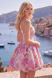 Fuchsia A-lijn halter halshals Jacquard bloemen Homecoming Dress