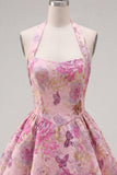 Fuchsia A-lijn halter halshals Jacquard bloemen Homecoming Dress