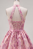 Fuchsia A-lijn halter halshals Jacquard bloemen Homecoming Dress
