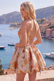 Fuchsia A-lijn halter halshals Jacquard bloemen Homecoming Dress