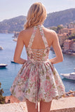 Fuchsia A-lijn halter halshals Jacquard bloemen Homecoming Dress