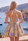 Fuchsia A-lijn halter halshals Jacquard bloemen Homecoming Dress