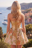 A-lijn gele strapless gerimpelde jacquard bloemen homecoming jurk