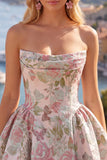 A-lijn gele strapless gerimpelde jacquard bloemen homecoming jurk