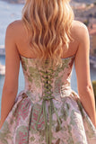 A-lijn gele strapless gerimpelde jacquard bloemen homecoming jurk