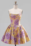 A-lijn gele strapless gerimpelde jacquard bloemen homecoming jurk