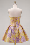 A-lijn gele strapless gerimpelde jacquard bloemen homecoming jurk