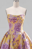 A-lijn gele strapless gerimpelde jacquard bloemen homecoming jurk