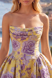 A-lijn gele strapless gerimpelde jacquard bloemen homecoming jurk