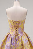 A-lijn gele strapless gerimpelde jacquard bloemen homecoming jurk
