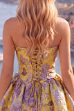 A-lijn gele strapless gerimpelde jacquard bloemen homecoming jurk