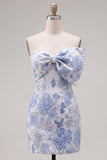 Blauwe Jacquard Sweetheart Bodycon Bloemen Homecoming Jurk met strik