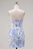 Blauwe Jacquard Sweetheart Bodycon Bloemen Homecoming Jurk met strik