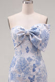 Blauwe Jacquard Sweetheart Bodycon Bloemen Homecoming Jurk met strik