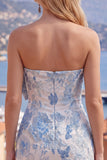 Blauwe Jacquard Sweetheart Bodycon Bloemen Homecoming Jurk met strik