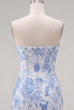 Blauwe Jacquard Sweetheart Bodycon Bloemen Homecoming Jurk met strik