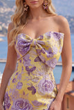 Blauwe Jacquard Sweetheart Bodycon Bloemen Homecoming Jurk met strik