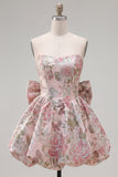 A-lijn roze Sweetheart Jacquard bloemen homecomingjurk met strik