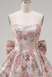 A-lijn roze Sweetheart Jacquard bloemen homecomingjurk met strik