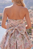 A-lijn roze Sweetheart Jacquard bloemen homecomingjurk met strik